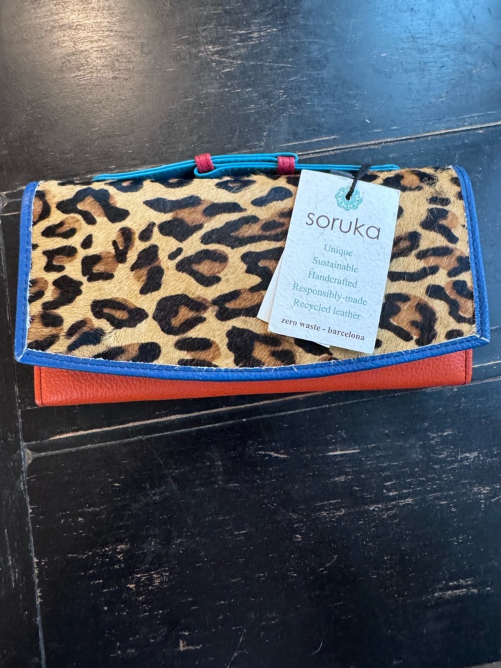 Soruka Leopard Smart Print Clutch in Brown with Blue Trim